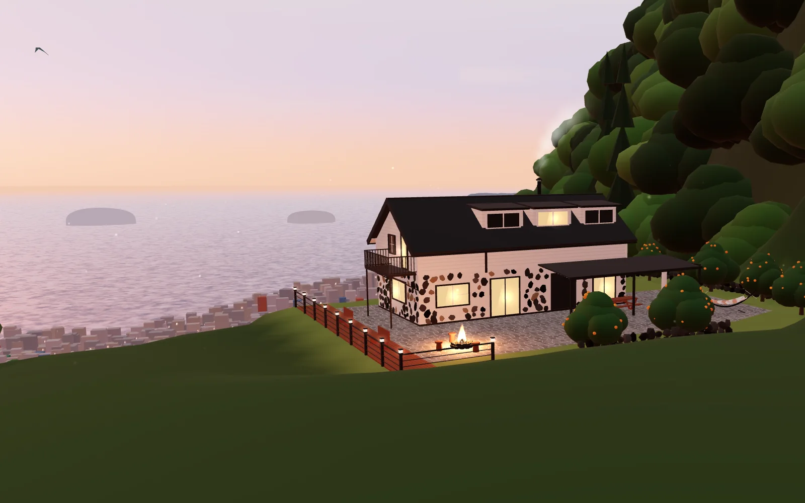 Illustration: the stone-and-timber house sitting in a tangerine orchard on the hillside above Seogwipo, with the sea and offshore islands behind it.